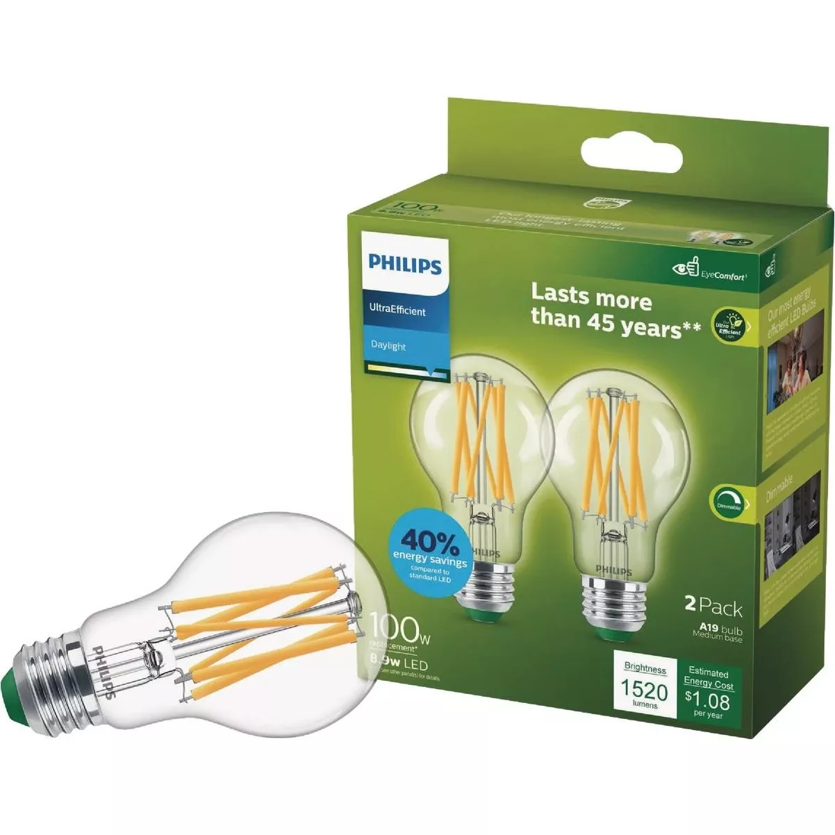 Philips 2‑pack 100w‑equivalent Daylight A19 Led Bulbs – Ultra‑efficient Clear Light